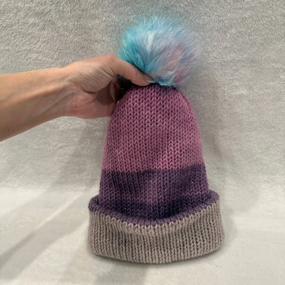 Handmade Kids Knit Beanie Pink Purple Colorblock Shimmer Pom‎ Pom Hat OSFM